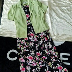 Black floral maxi dress with green blazer